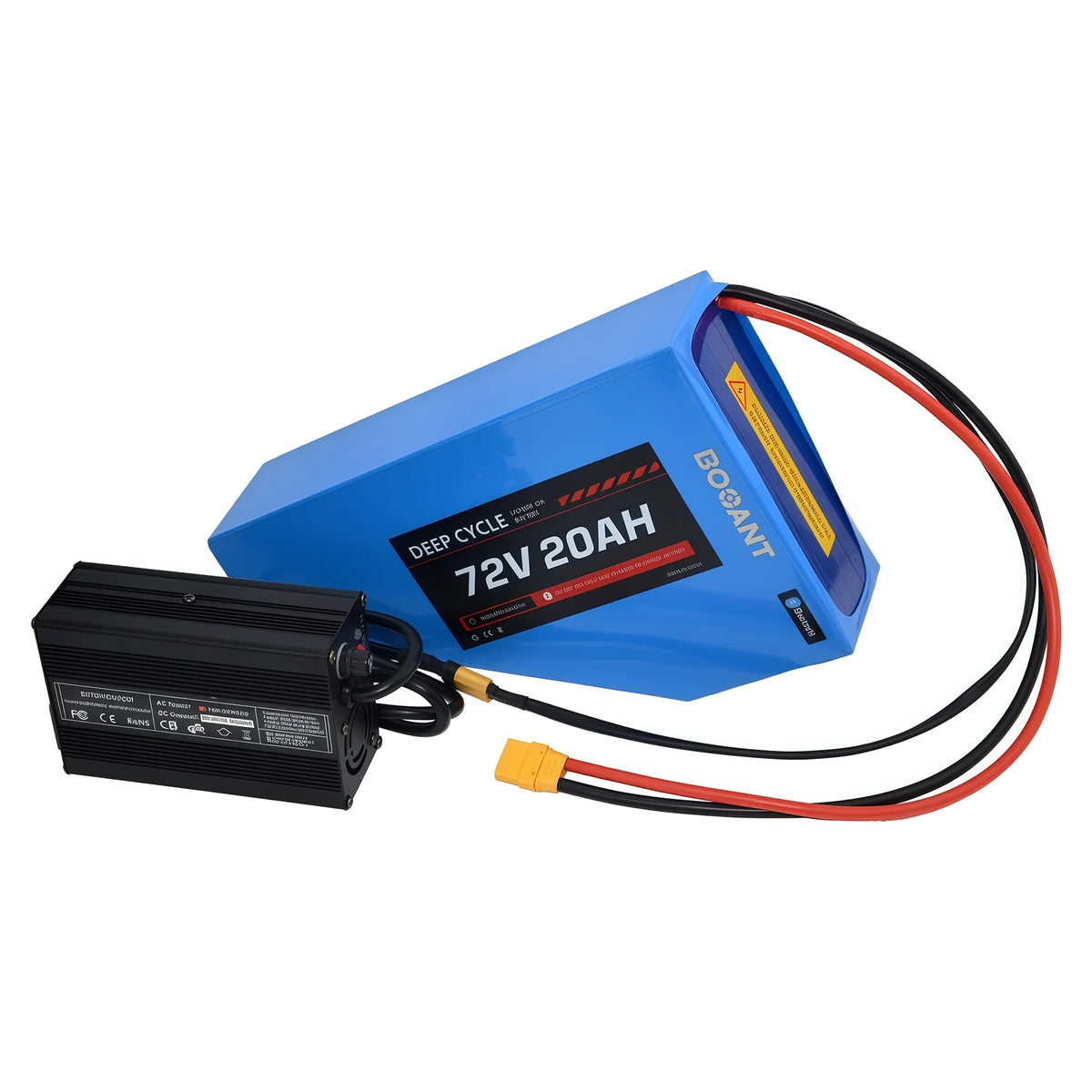 BOOANT 72V 20Ah triangle lithium ebike battery pack connected to 84V 5A aluminum fast charger with XT60 charge port and XT90 discharge plug.