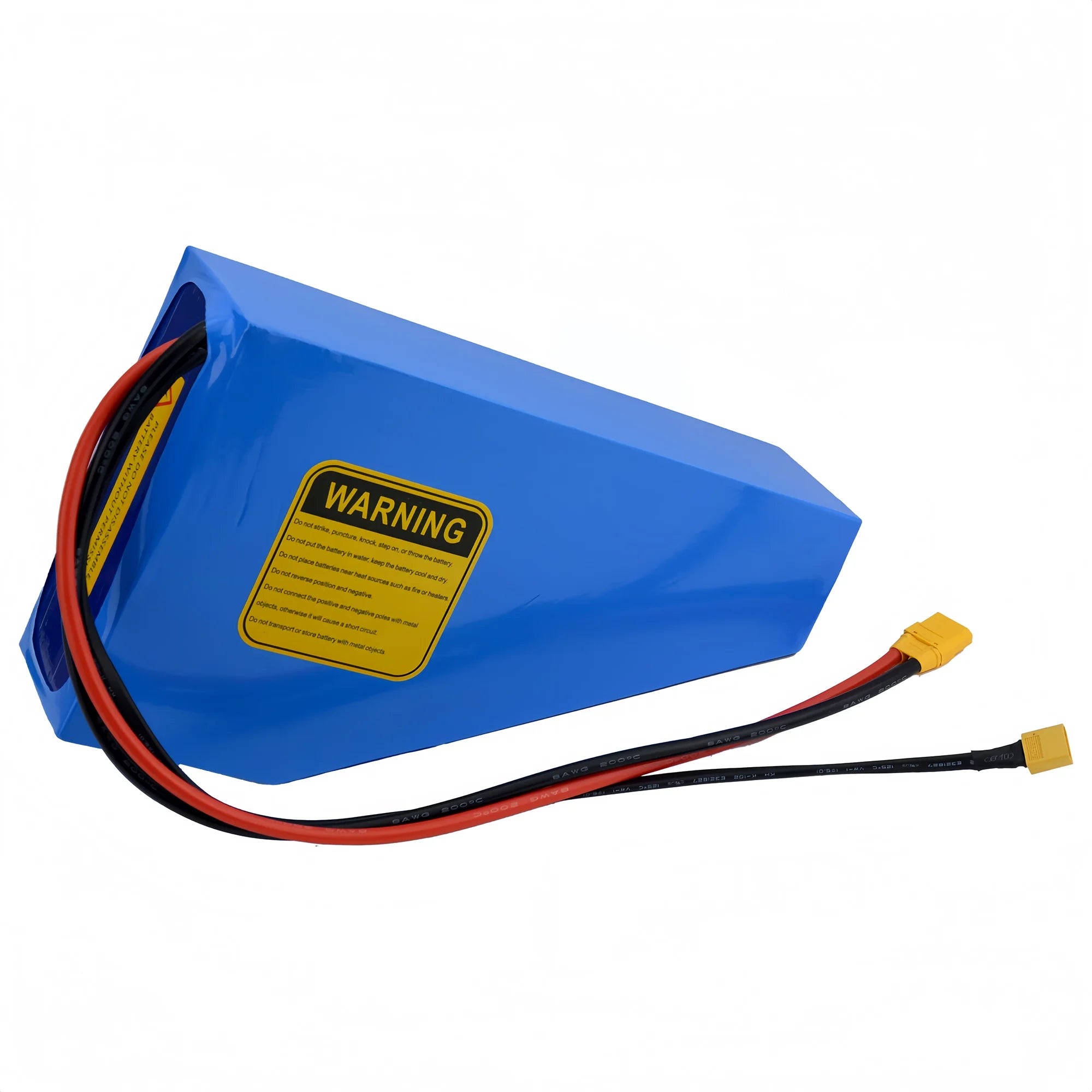 Rear angle view of the BOOANT 72V 20Ah triangle ebike battery pack highlighting the dual cable setup with XT60 charging connector and heavy-duty XT90 discharge plug.