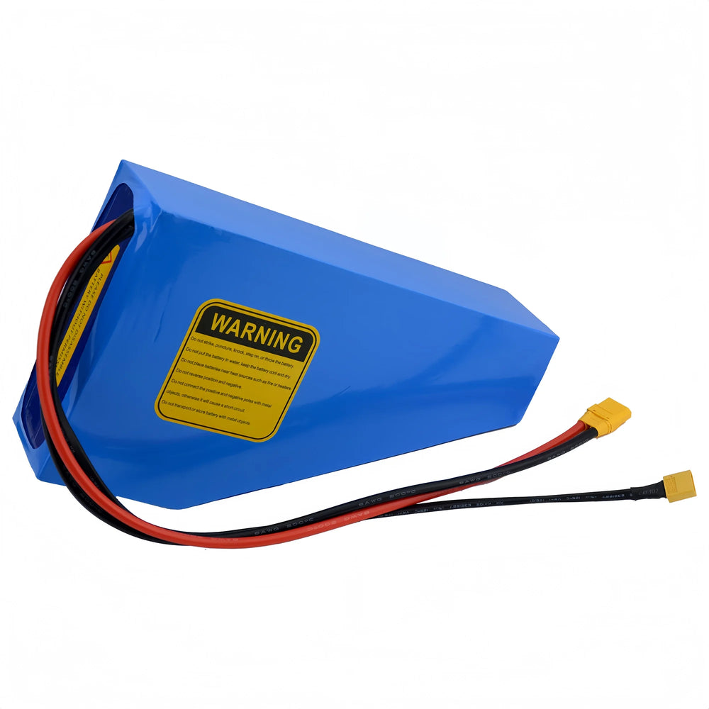 Rear angle view of the BOOANT 72V 20Ah triangle ebike battery pack highlighting the dual cable setup with XT60 charging connector and heavy-duty XT90 discharge plug.