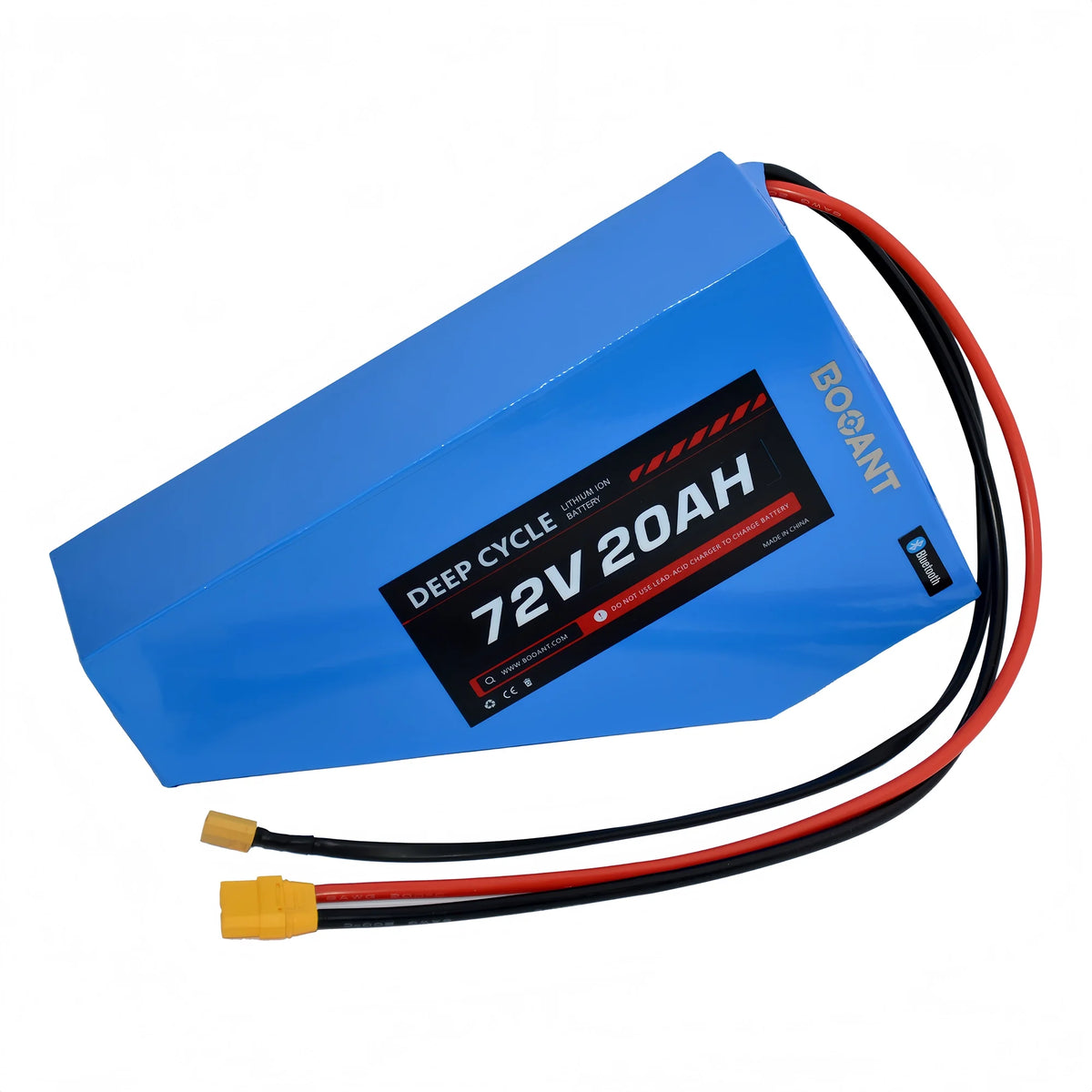 BOOANT 72V 20Ah triangle lithium ebike battery pack with Samsung 21700 cells, blue PVC casing, and XT90 connector