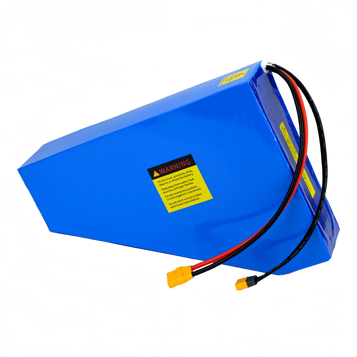 BOOANT 72V 40Ah triangle lithium battery pack back view displaying yellow safety warning label and silicone wiring connectors