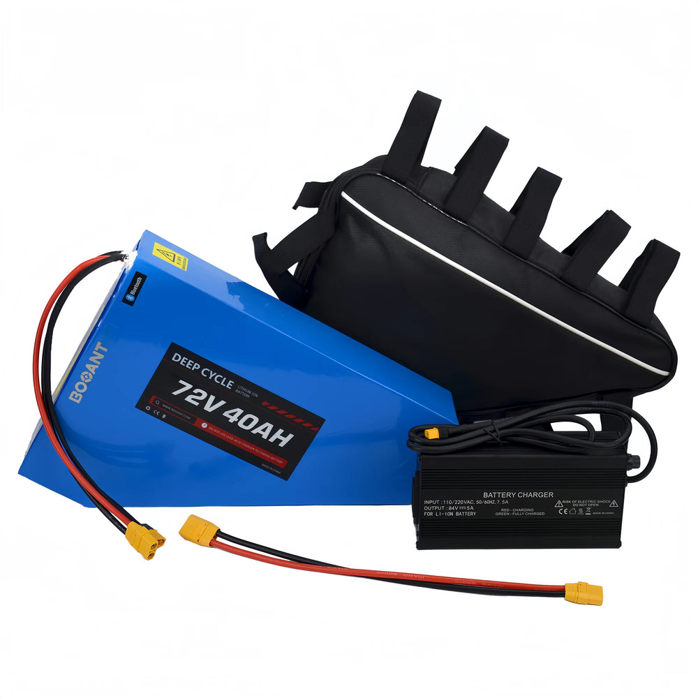 BOOANT 72V 40Ah triangle lithium battery package contents including fast charger, custom frame bag, and discharge extension cable