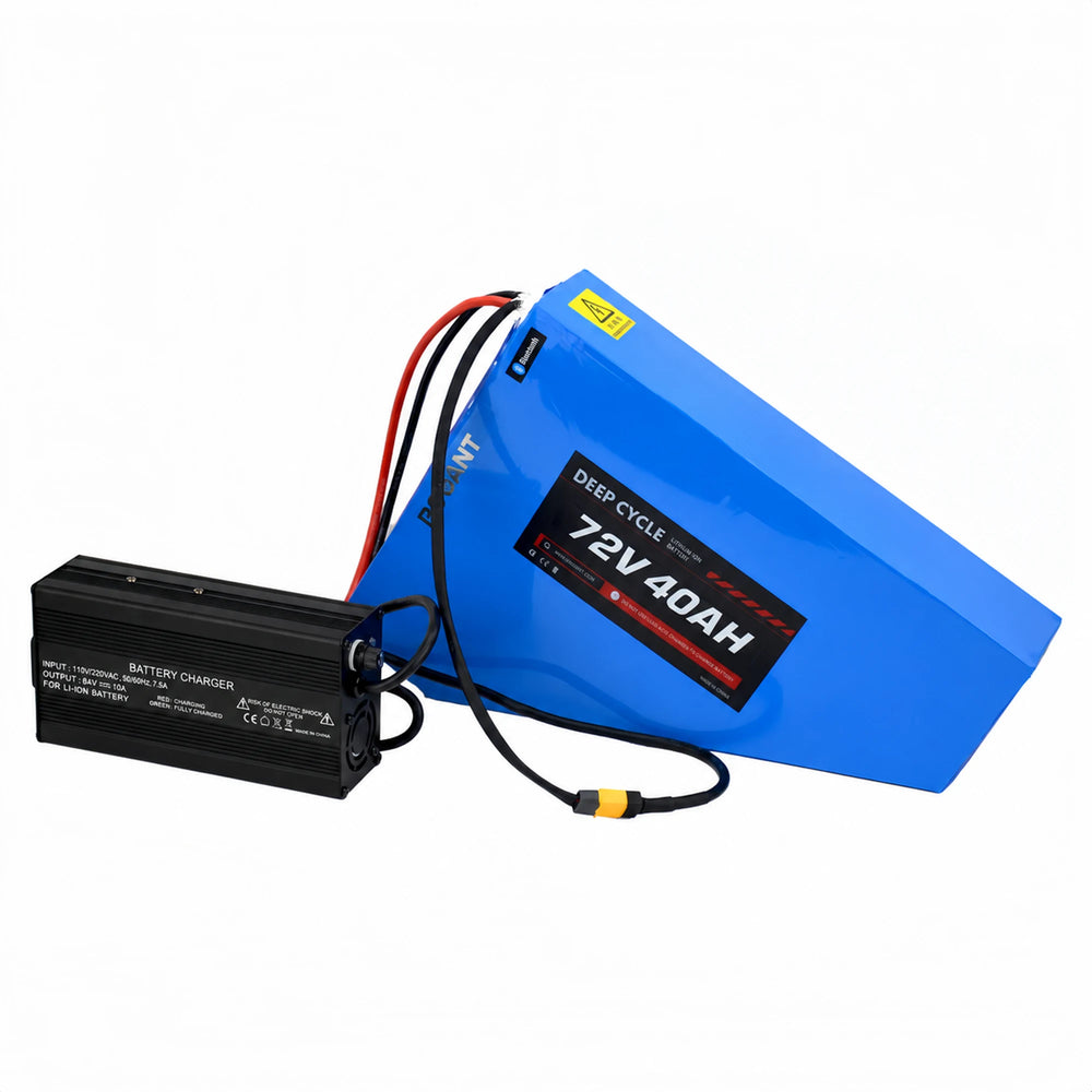 BOOANT 72V 40Ah triangle lithium battery pack connected with 84V 10A aluminum fast charger via XT60 charging port for eBike setup