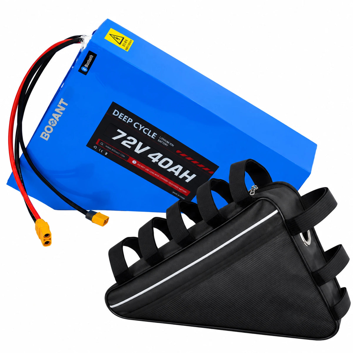 BOOANT 72V 40Ah triangle lithium eBike battery pack built with Samsung 50S cells shown with custom triangle frame mounting bag
