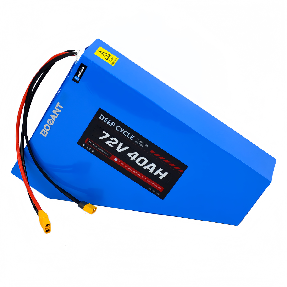 BOOANT 72V 40Ah triangle lithium battery pack side profile view showing durable blue PVC enclosure and silicone discharge leads