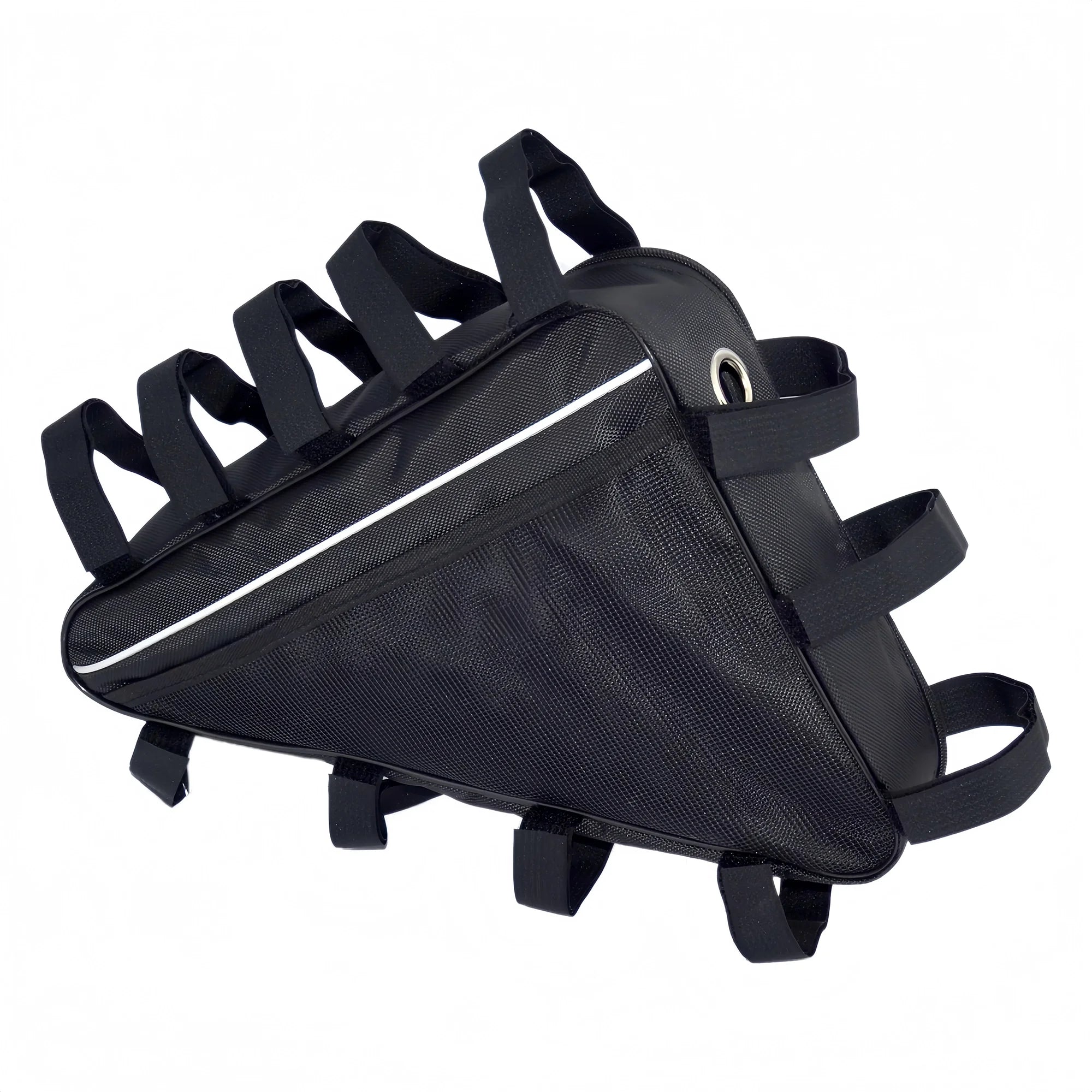 Heavy-duty black nylon triangle ebike battery frame bag with multi-point hook-and-loop straps, reflective stripe, and cable port.