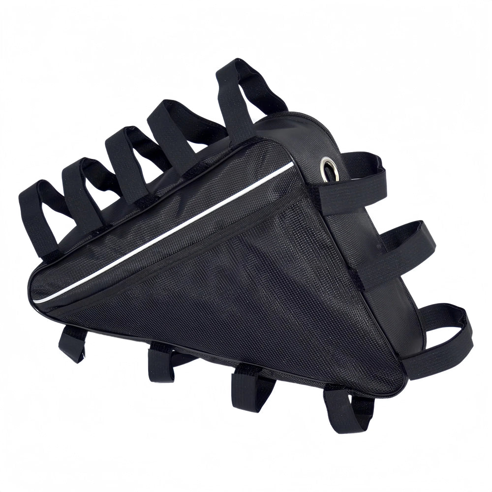Heavy-duty black nylon triangle ebike battery frame bag with multi-point hook-and-loop straps, reflective stripe, and cable port.