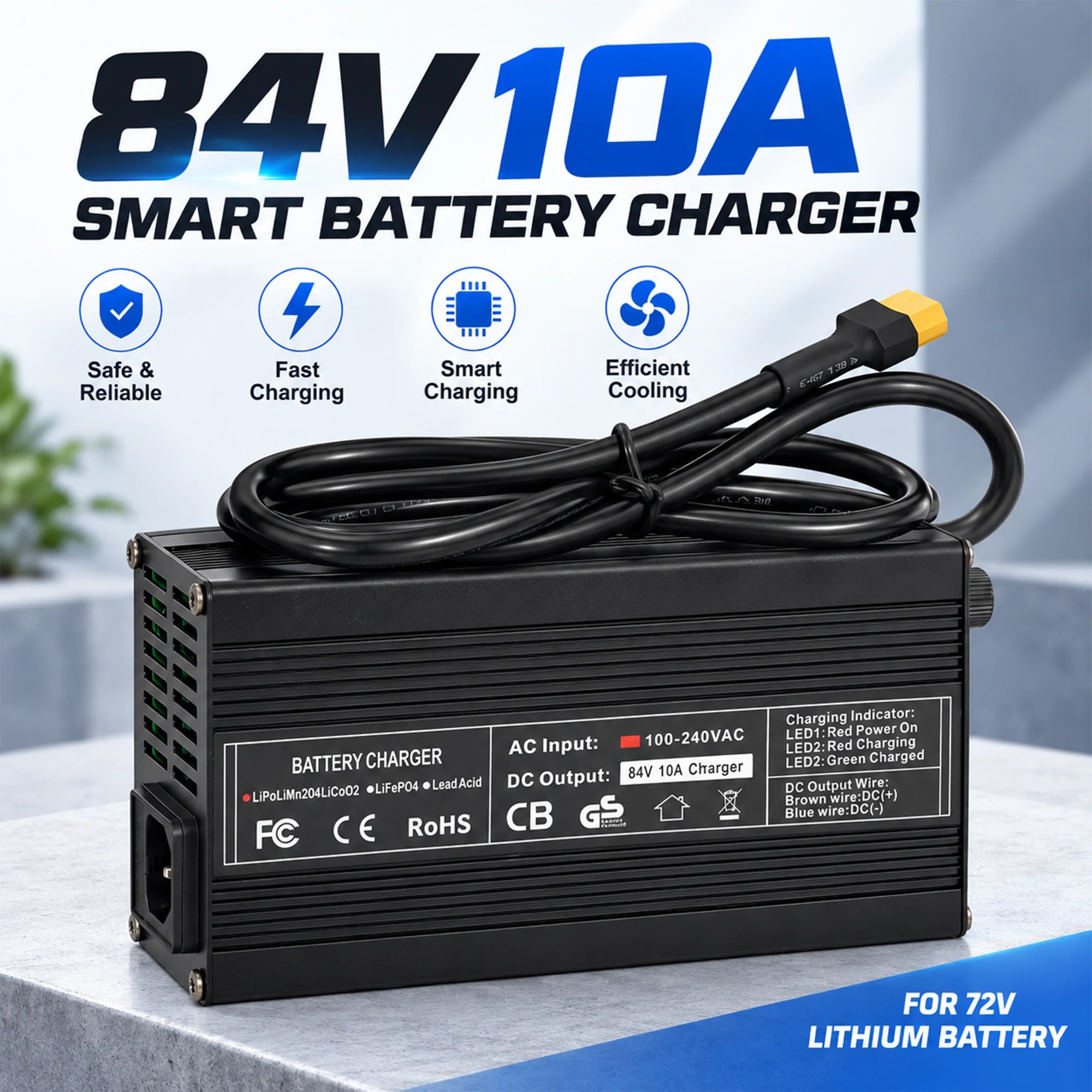 BOOANT 84V 10A smart fast charger for 72V lithium battery with aluminum alloy casing, active cooling fan, and XT60 output plug