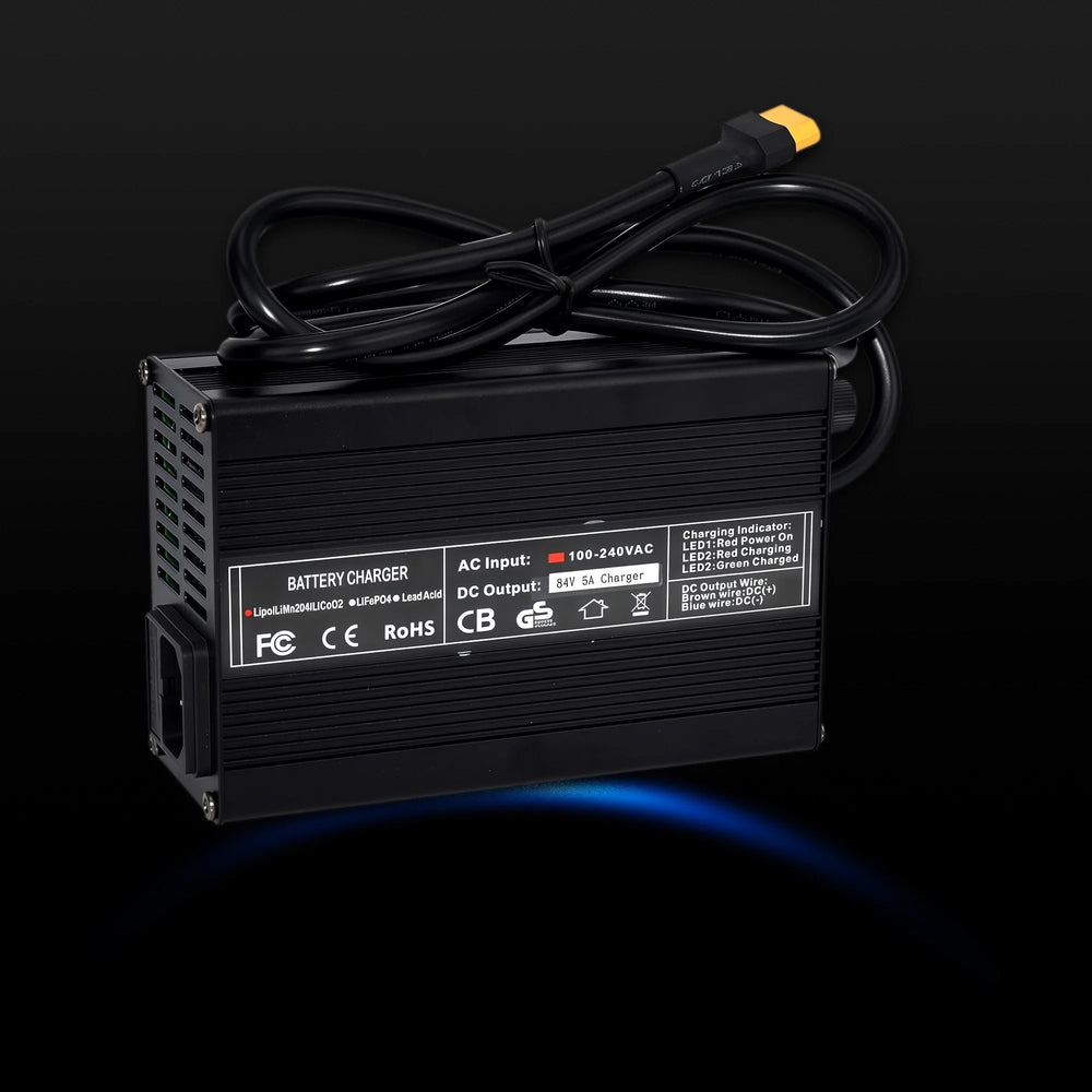 A black aluminum housing 84V 5A smart fast battery charger with AC socket, cooling vents, and an XT60 output charging plug.