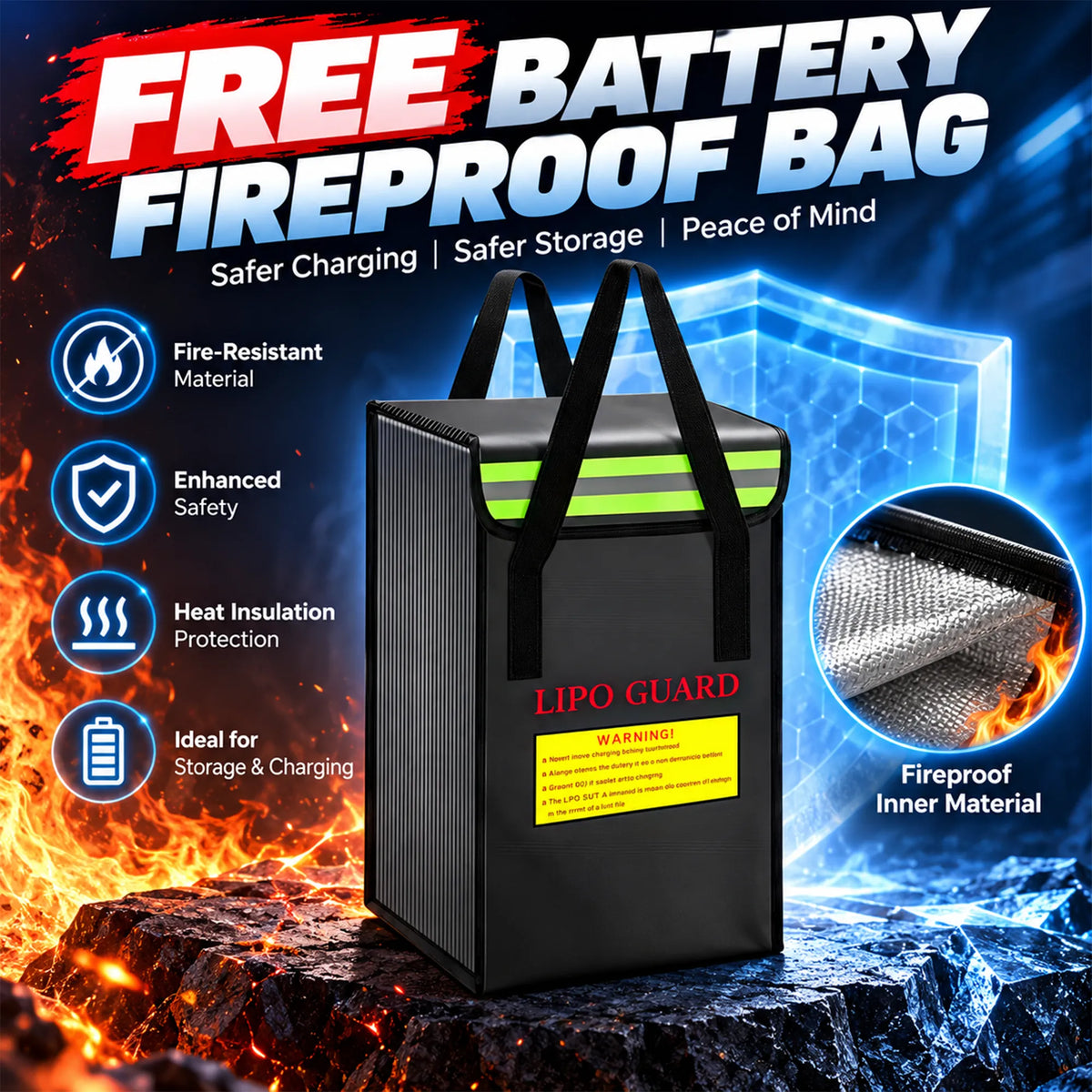 Free heavy-duty fireproof battery safety storage and charging bag included with BOOANT packs featuring heat-resistant inner fiberglass lining.