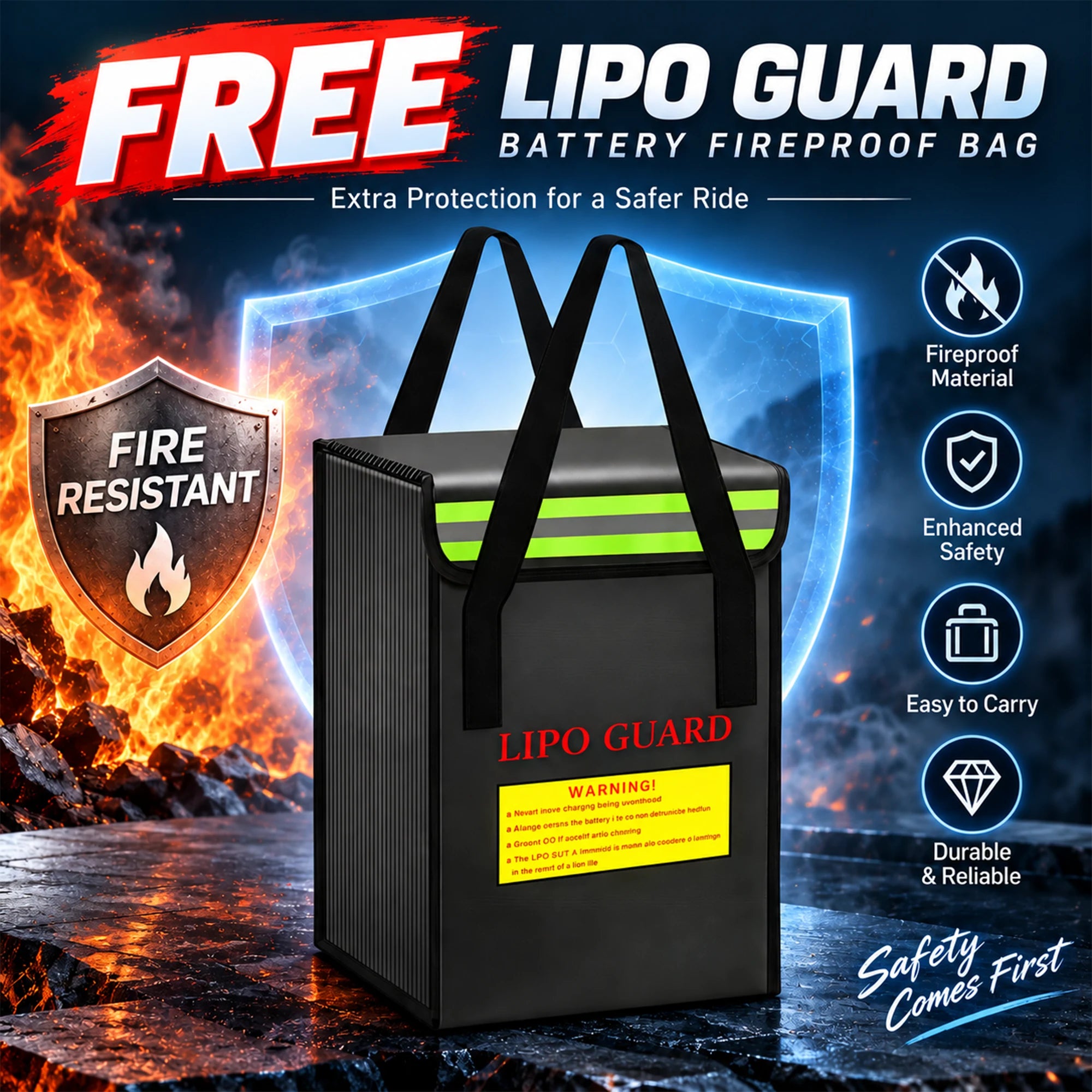 Free Lipo Guard fireproof battery safety bag included with the BOOANT 48V 50Ah battery for safer charging and storage