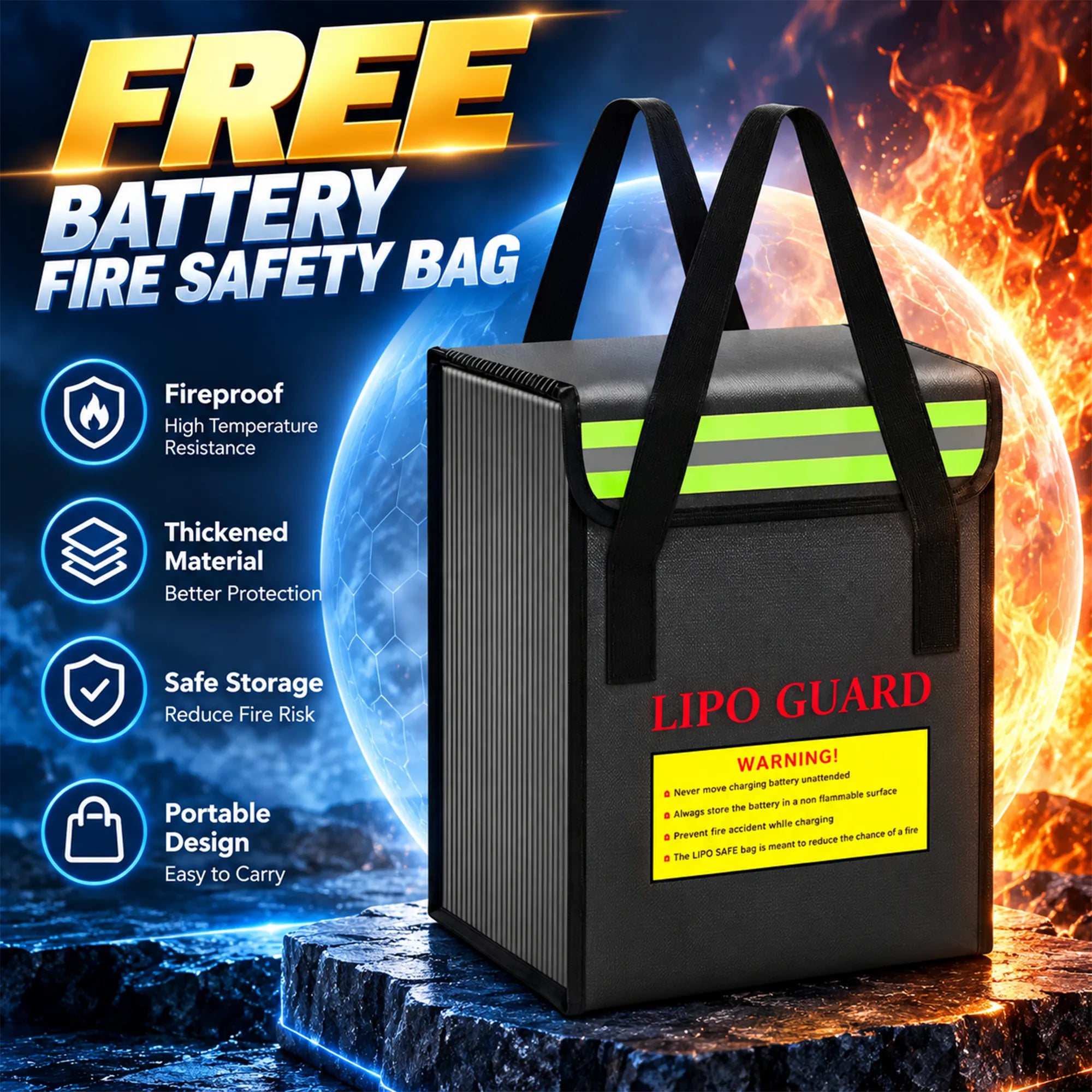 Free fireproof LiPo guard battery safety bag included with BOOANT 36V 60Ah lithium pack for safe charging storage and transport protection.
