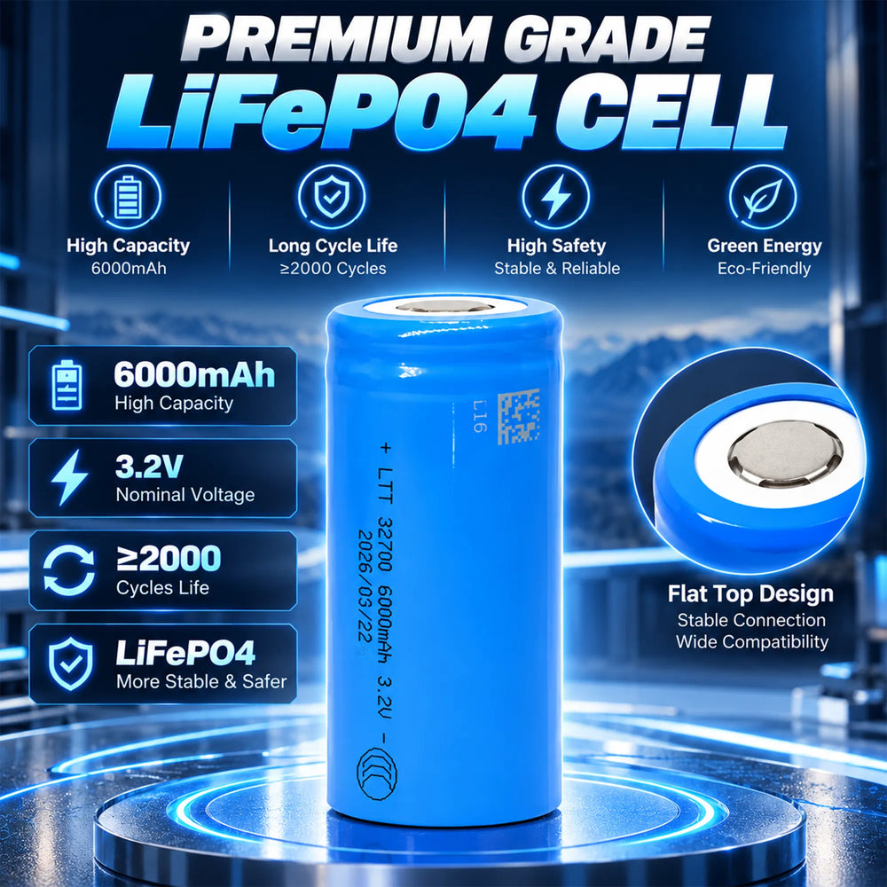 Authentic Grade-A 32700 6000mAh 3.2V LiFePO4 battery cell used in BOOANT packs featuring flat top design and over 2000 cycle life ratings.