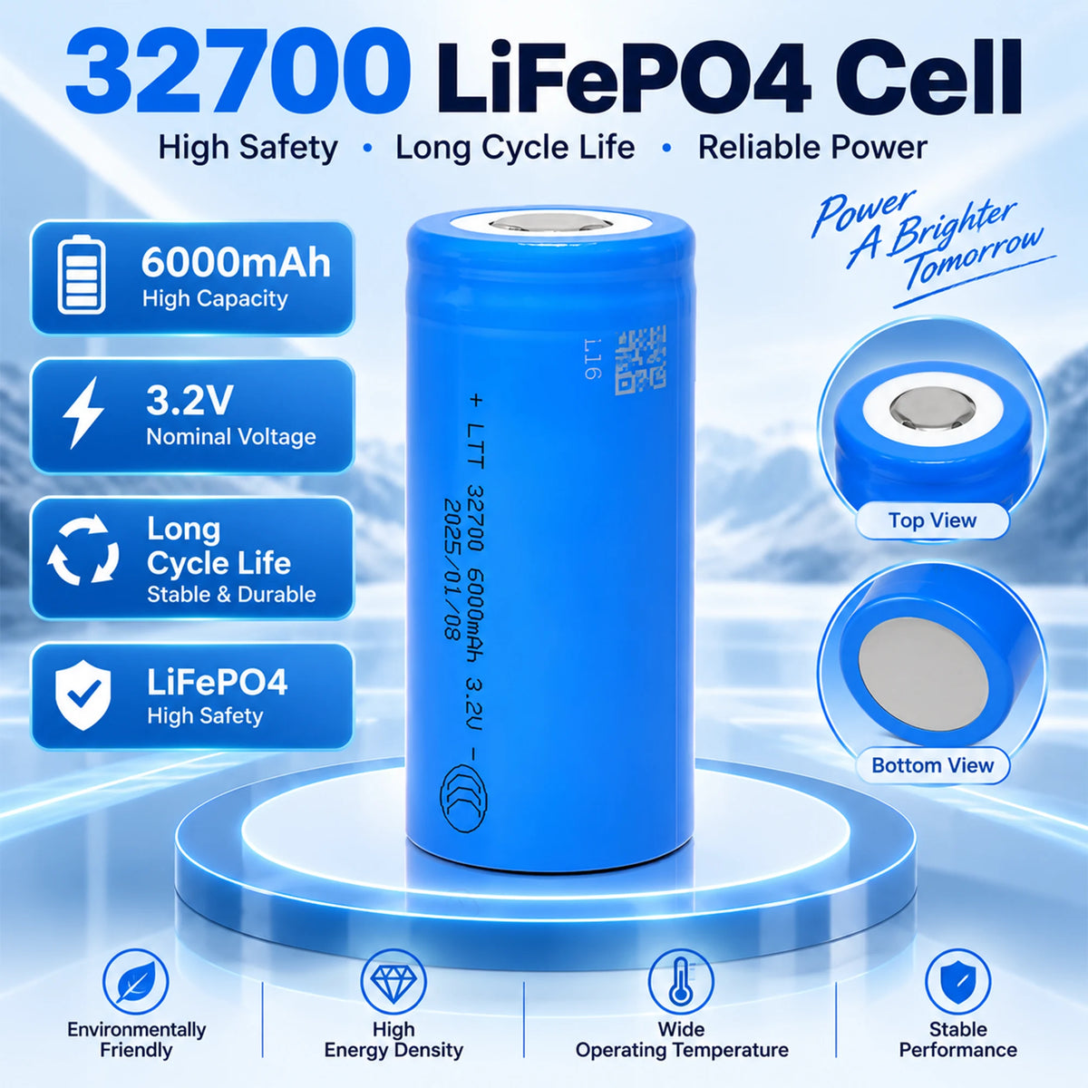BOOANT authentic LTT 32700 3.2V 6000mAh Grade-A LiFePO4 cylindrical cell showing high capacity, top and bottom terminal views, and long cycle life specifications