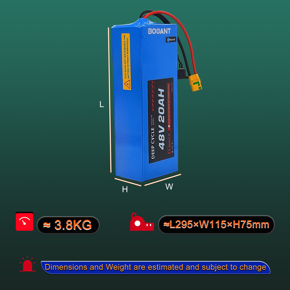 Booant 48V 20AH Battery Dimensions - 295x115x75mm, 3.8kg Weight, Compact Design