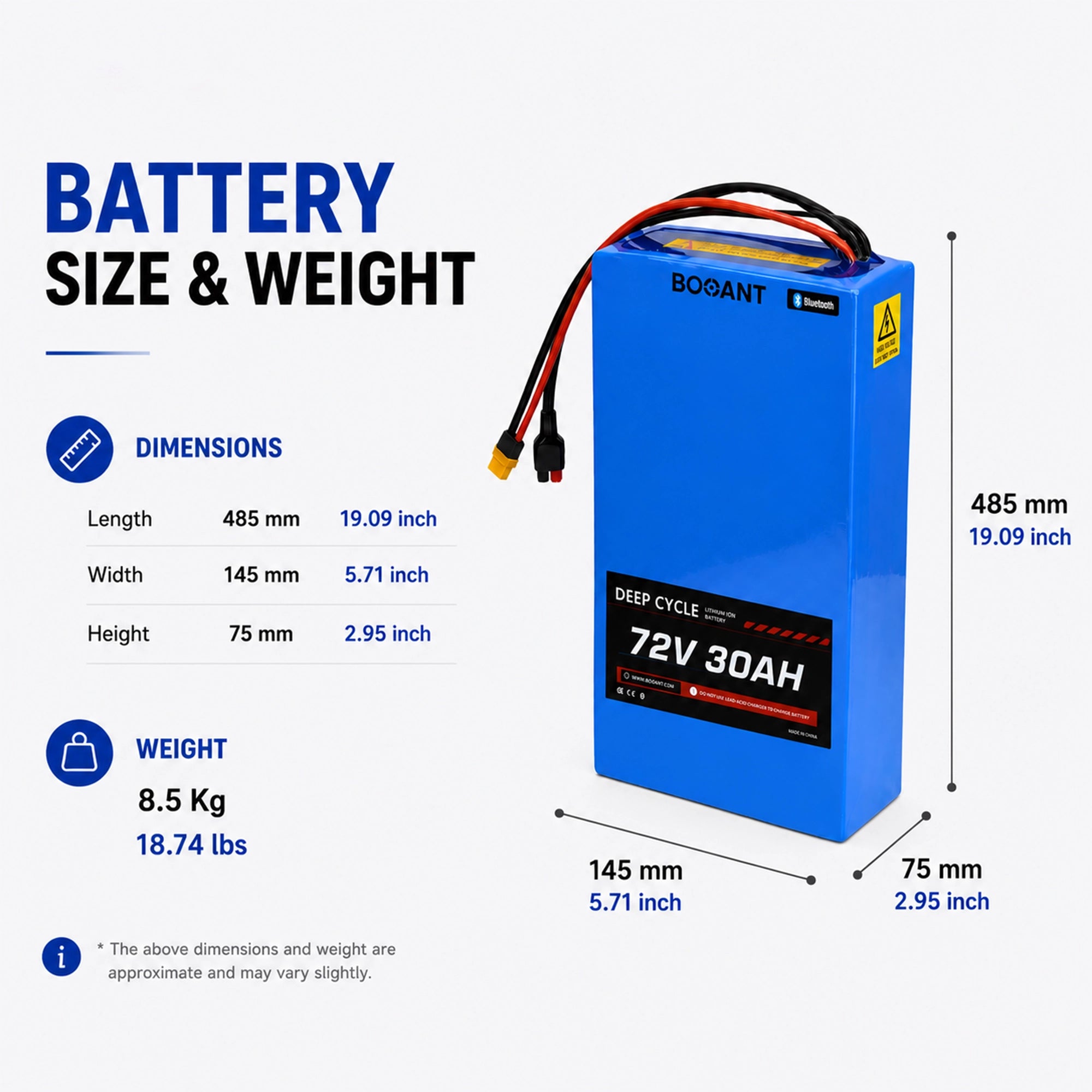 72V 30Ah lithium battery pack dimensions and weight, 485 × 145 × 75 mm (19.09 × 5.71 × 2.95 in), 8.5 kg (18.74 lbs), Bluetooth BMS battery for electric scooter and motorcycle
