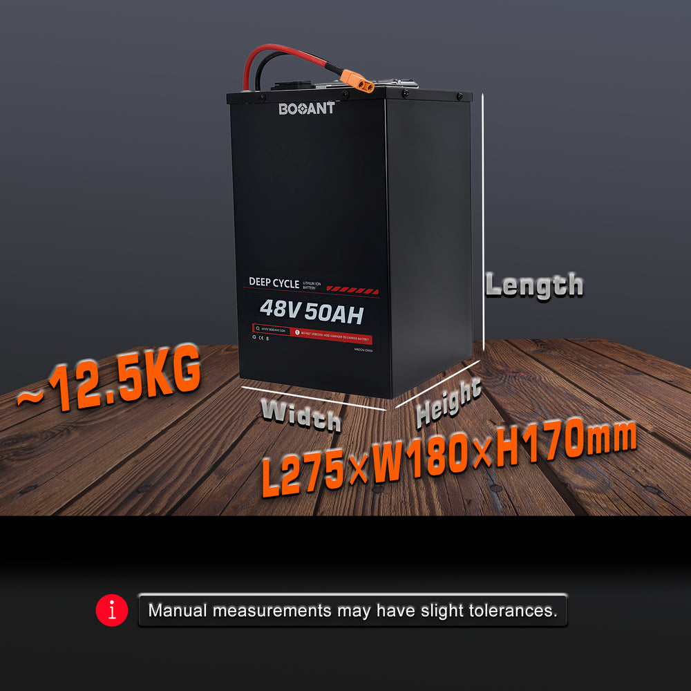 BOOANT 48V 50Ah Deep Cycle Lithium Battery - Dimensions 275x180x170mm, Weight 12.5kg, Long Lifespan Design