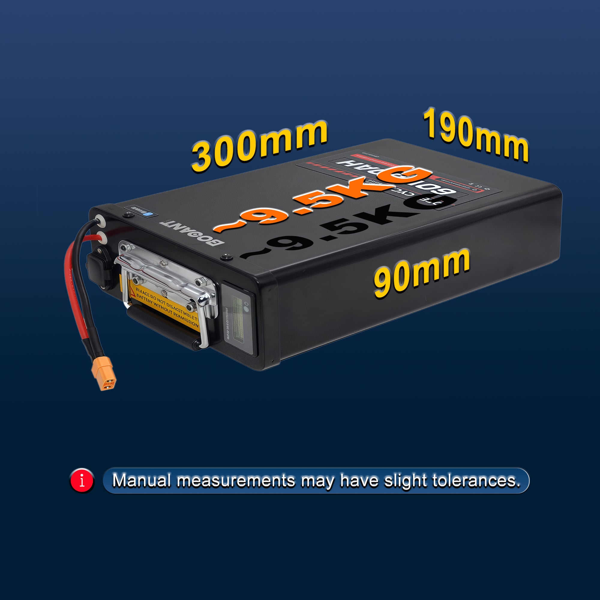 Product physical specifications diagram: 300mm length × 190mm width × 90mm height | Weight: ~9.5 kg (~20.9 pounds).