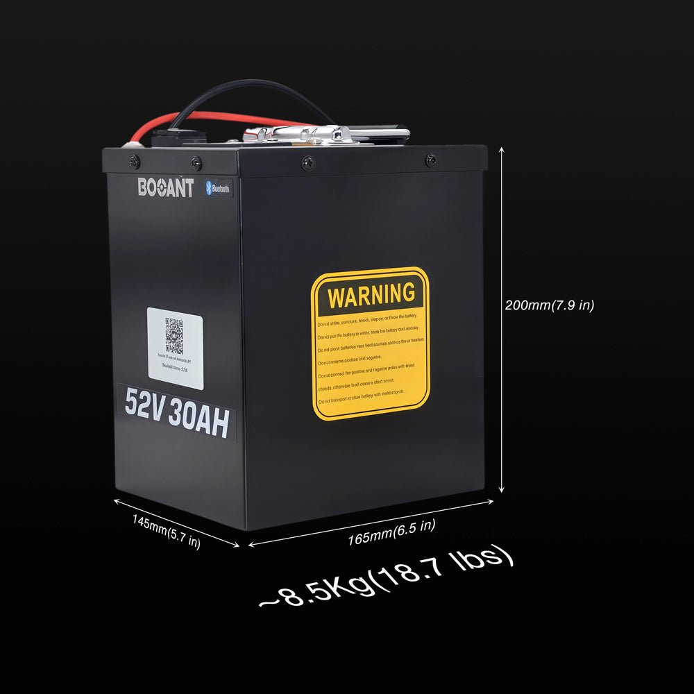BOANT battery dimensions and weight specifications — 145mm (5.7 in) x 165mm (6.5 in) x 200mm, approximately 8.5kg (18.7 lbs). Safety warning label also shown with usage precautions.