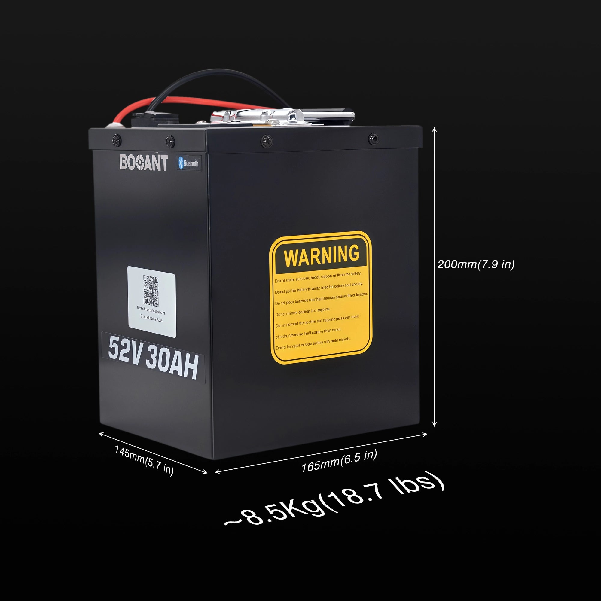 BOANT battery dimensions and weight specifications — 145mm (5.7 in) x 165mm (6.5 in) x 200mm, approximately 8.5kg (18.7 lbs). Safety warning label also shown with usage precautions.