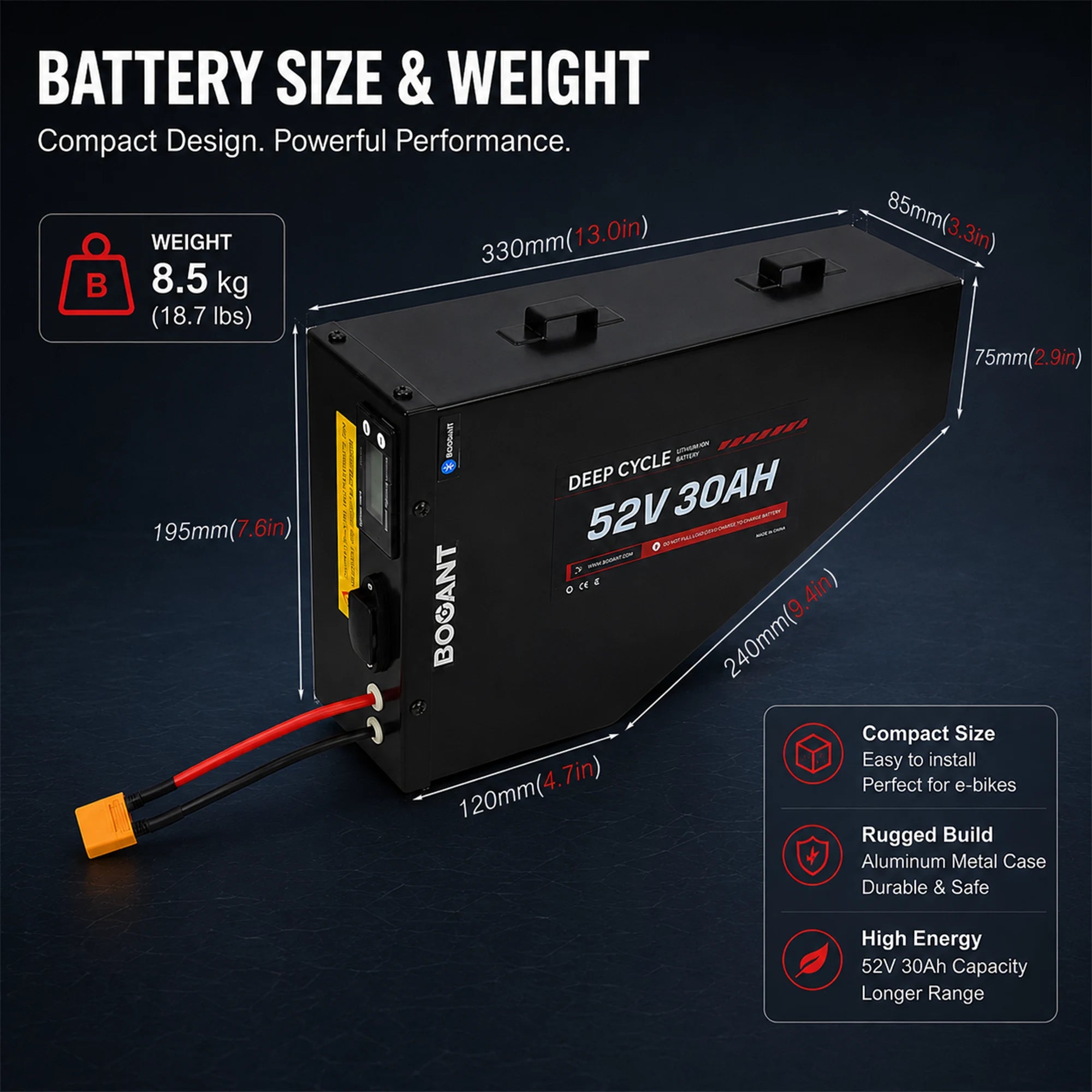 BOOANT 52V 30Ah metal case triangle ebike battery pack dimensions, 330 × 195 × 85 mm aluminum battery with 8.5 kg weight, compact design, XT60 connector, and high-capacity lithium-ion battery for electric bikes.