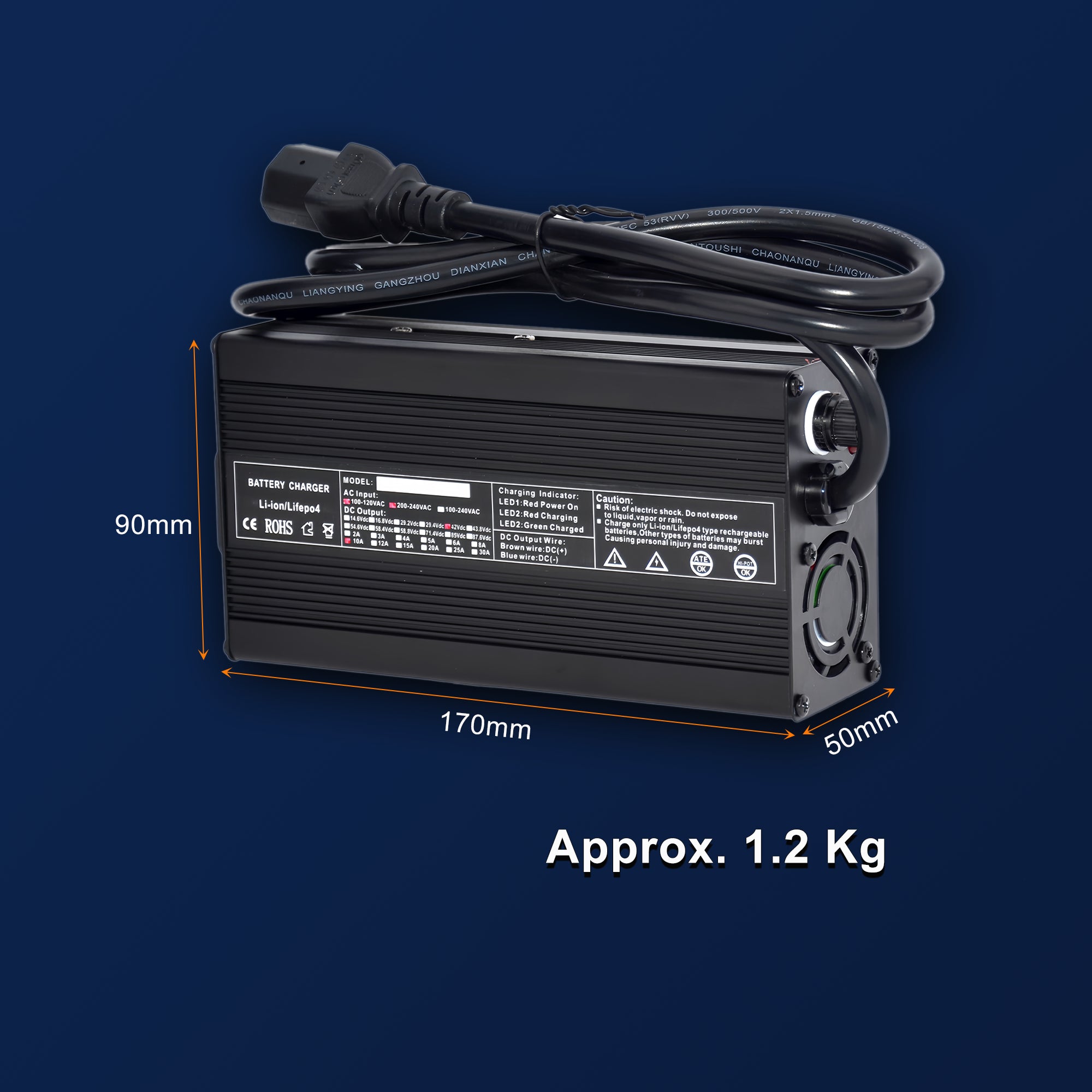 42V 5A/10A Lithium Battery Charger - 420W Fast Charging for 36V Li-ion, Global Voltage & Aluminum Cooling