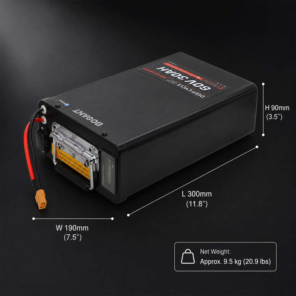 BOOANT 60V 30Ah lithium battery dimensions 300 x 190 x 90 mm (11.8 x 7.5 x 3.5 in), weight 9.5 kg (20.9 lbs)