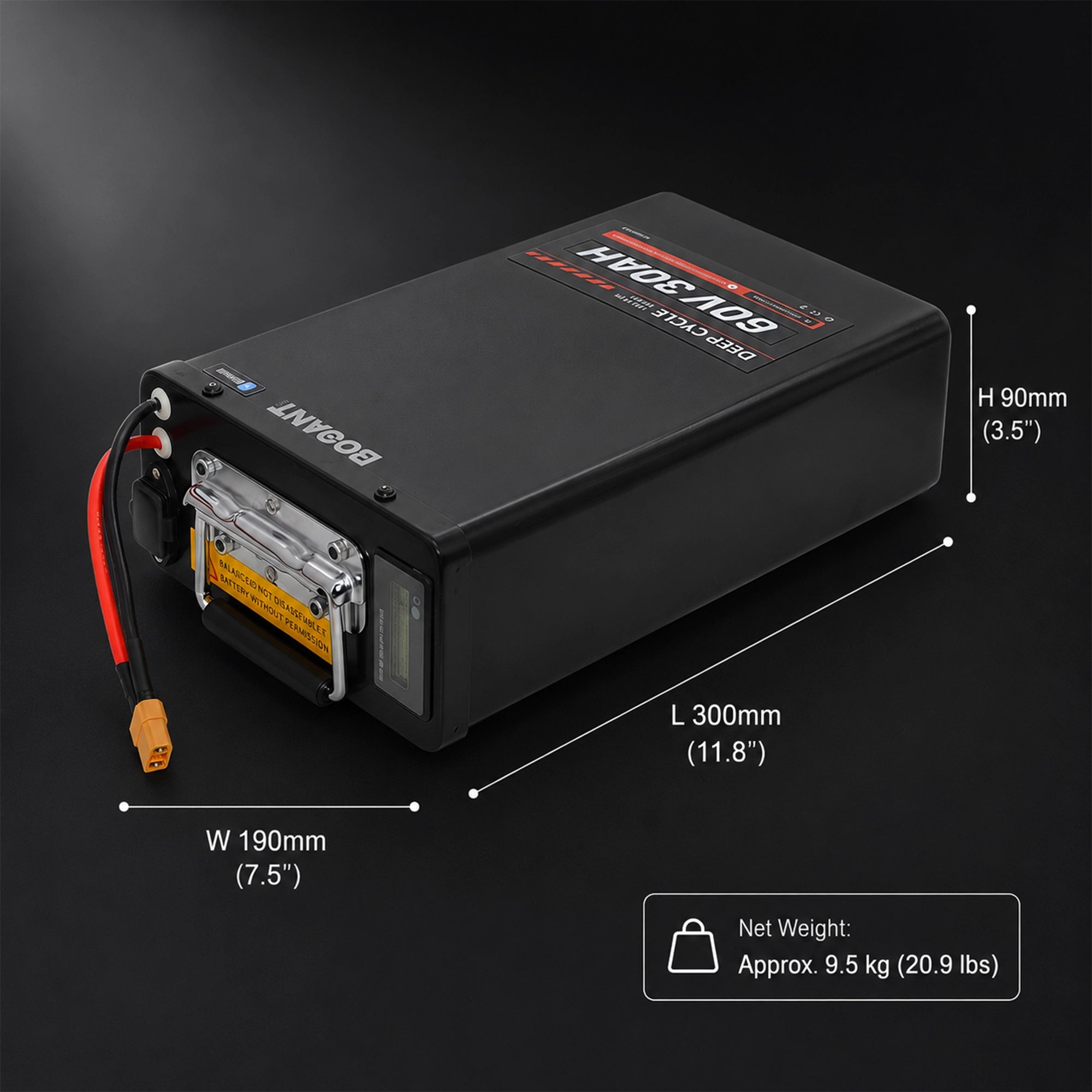 BOOANT 60V 30Ah lithium battery dimensions 300 x 190 x 90 mm (11.8 x 7.5 x 3.5 in), weight 9.5 kg (20.9 lbs)