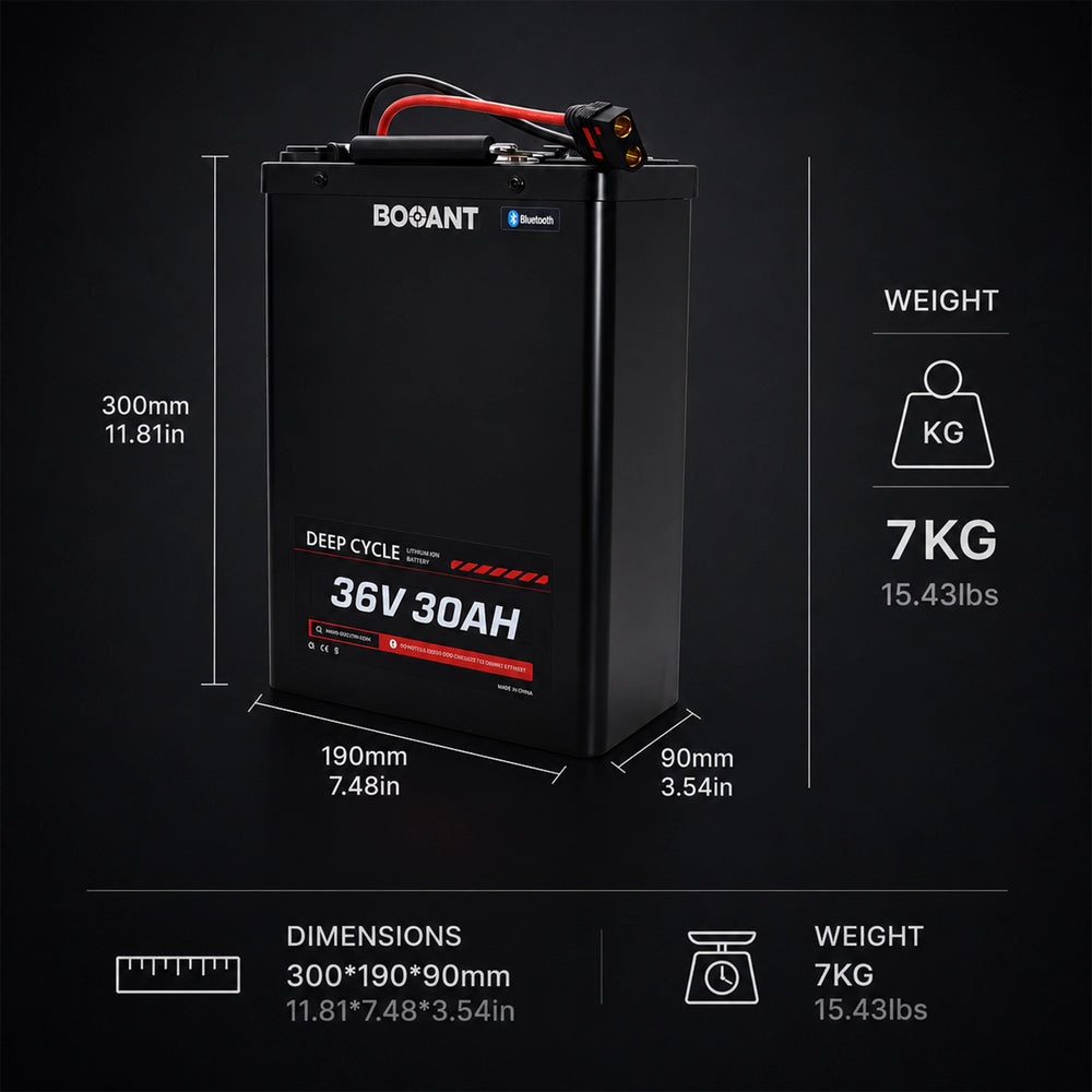 BOOANT 36V 30Ah lithium battery dimensions 300×190×90 mm (11.81×7.48×3.54 in) and weight 7 kg (15.43 lbs) with Bluetooth BMS and metal case