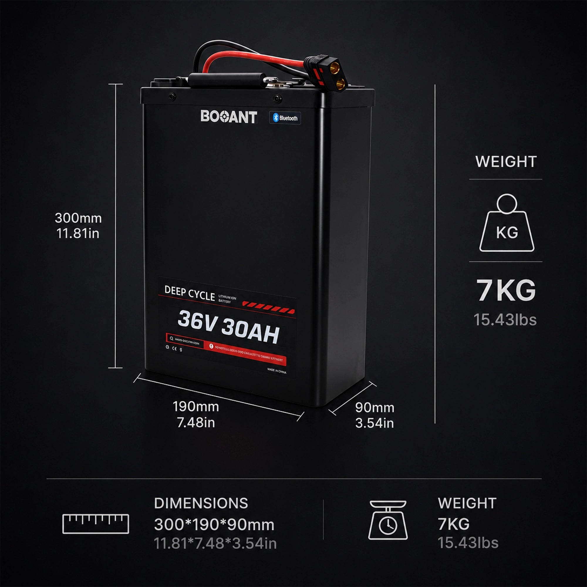 BOOANT 36V 30Ah lithium battery dimensions 300×190×90 mm (11.81×7.48×3.54 in) and weight 7 kg (15.43 lbs) with Bluetooth BMS and metal case