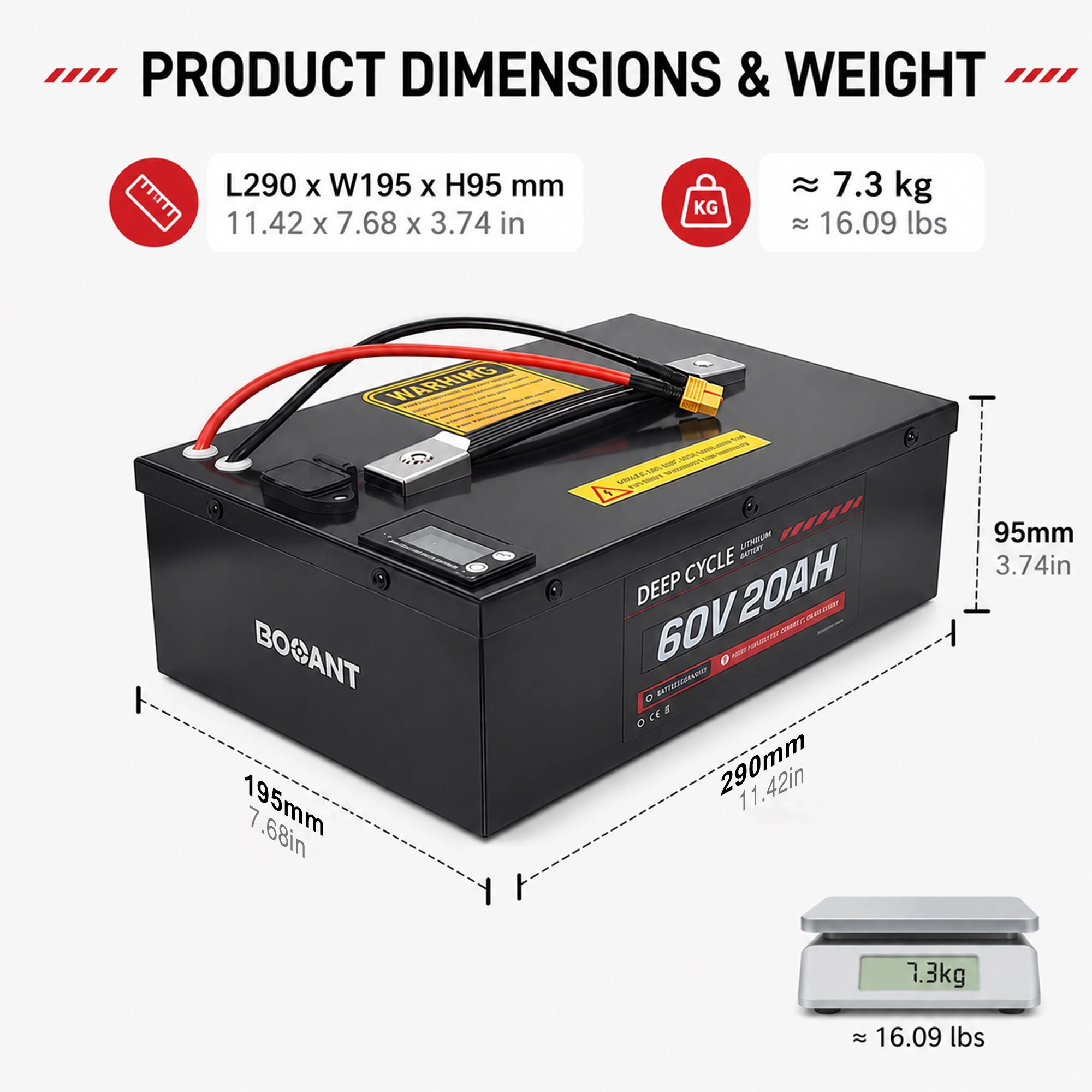 BOOANT 60V 20Ah lithium battery dimensions 290 x 195 x 95 mm (11.42 x 7.68 x 3.74 in) and weight 7.3 kg (16.09 lbs)
