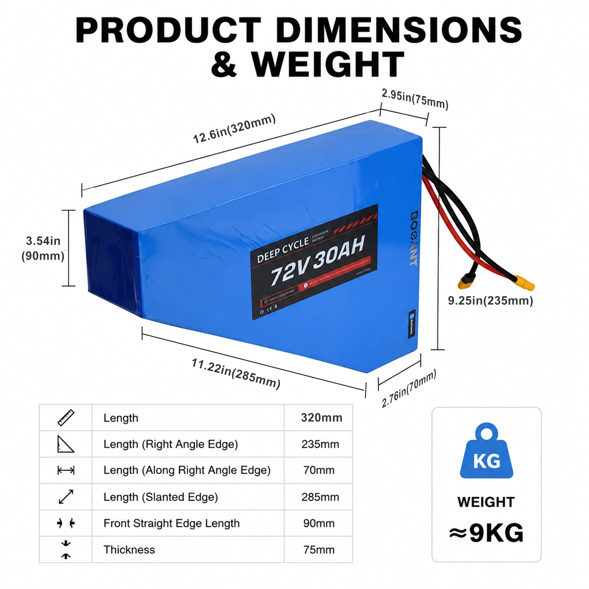 Dimensions and Weight of BOOANT 72V 30Ah Triangle eBike Battery: 12.6 x 11.22 x 9.25 inches, weighing approximately 19.84 lbs. High-Capacity Lithium-ion Battery Pack for Electric Motorcycle Frame Mounting.