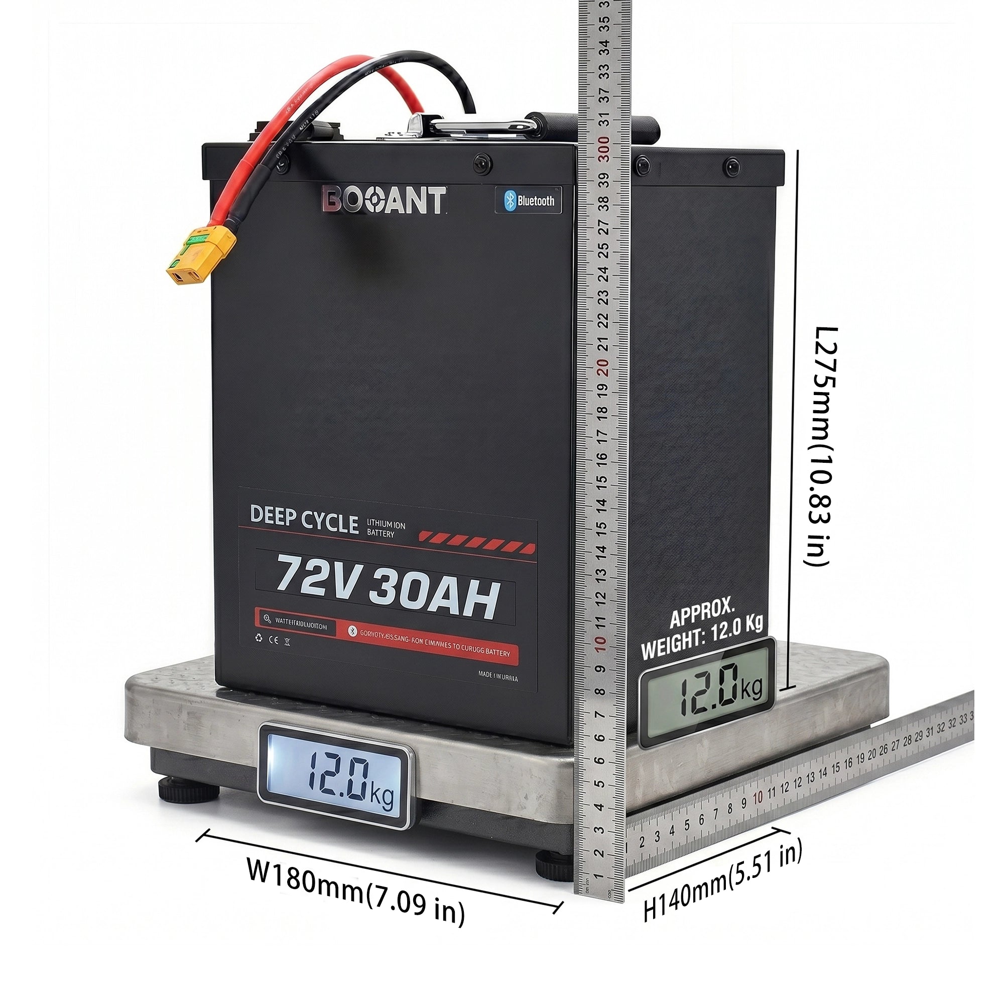 BOOANT 72V 30Ah lithium battery dimensions and weight: 275 × 180 × 140 mm (10.83 × 7.09 × 5.51 in), approximately 12 kg (26.5 lbs), with Bluetooth BMS and metal case