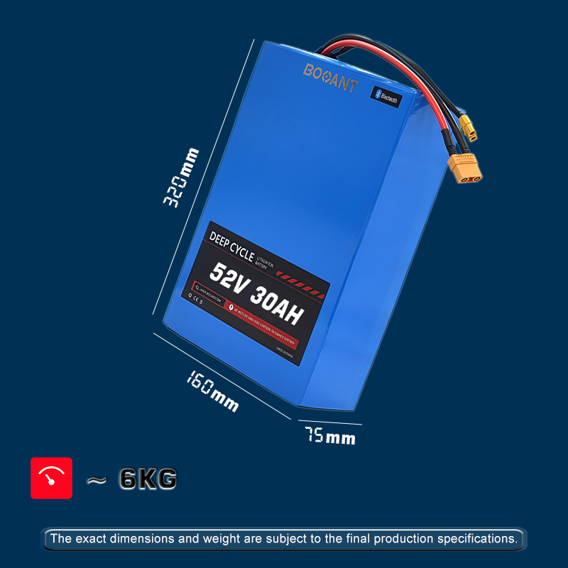 Booant battery physical specs: 52V 30AH model, approximately 320x160x75mm and 6kg.