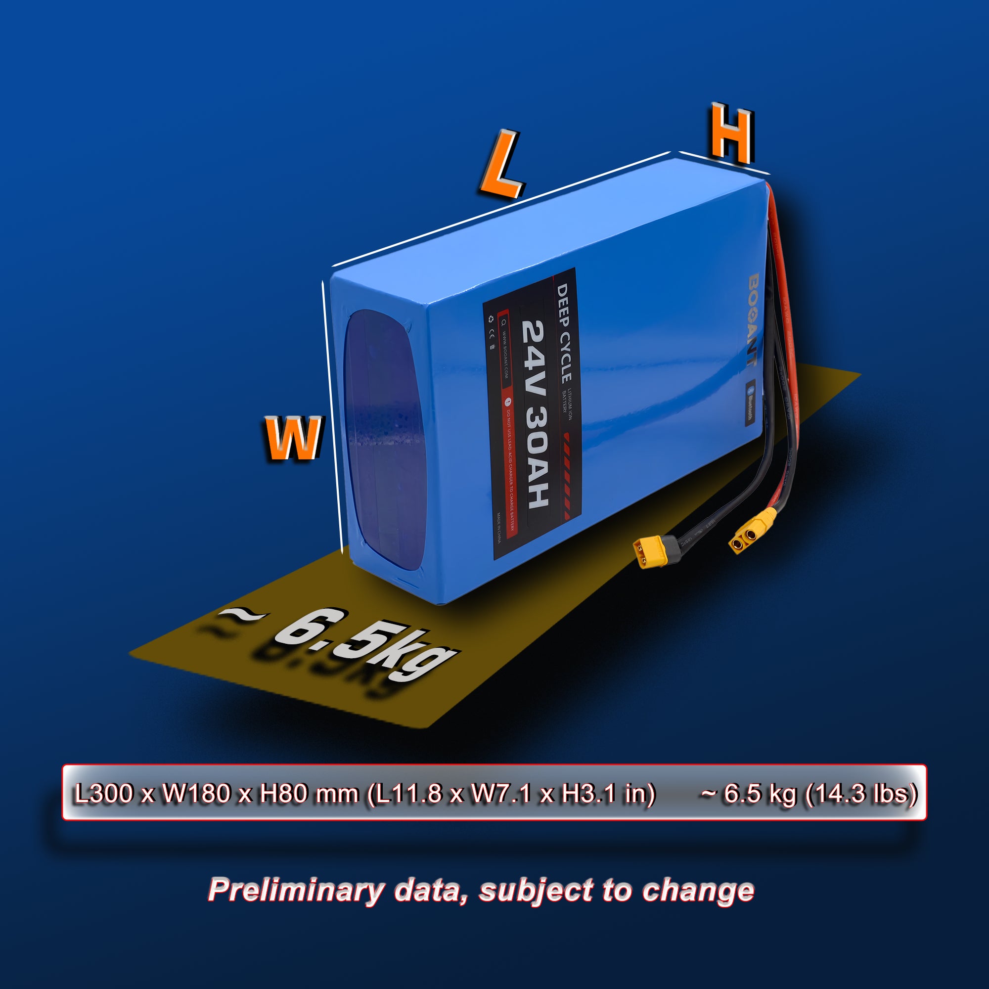 24V 30Ah LiFePO4 battery dimensions: 11.8×7.1×3.1 inches, weight 14.3 lbs.