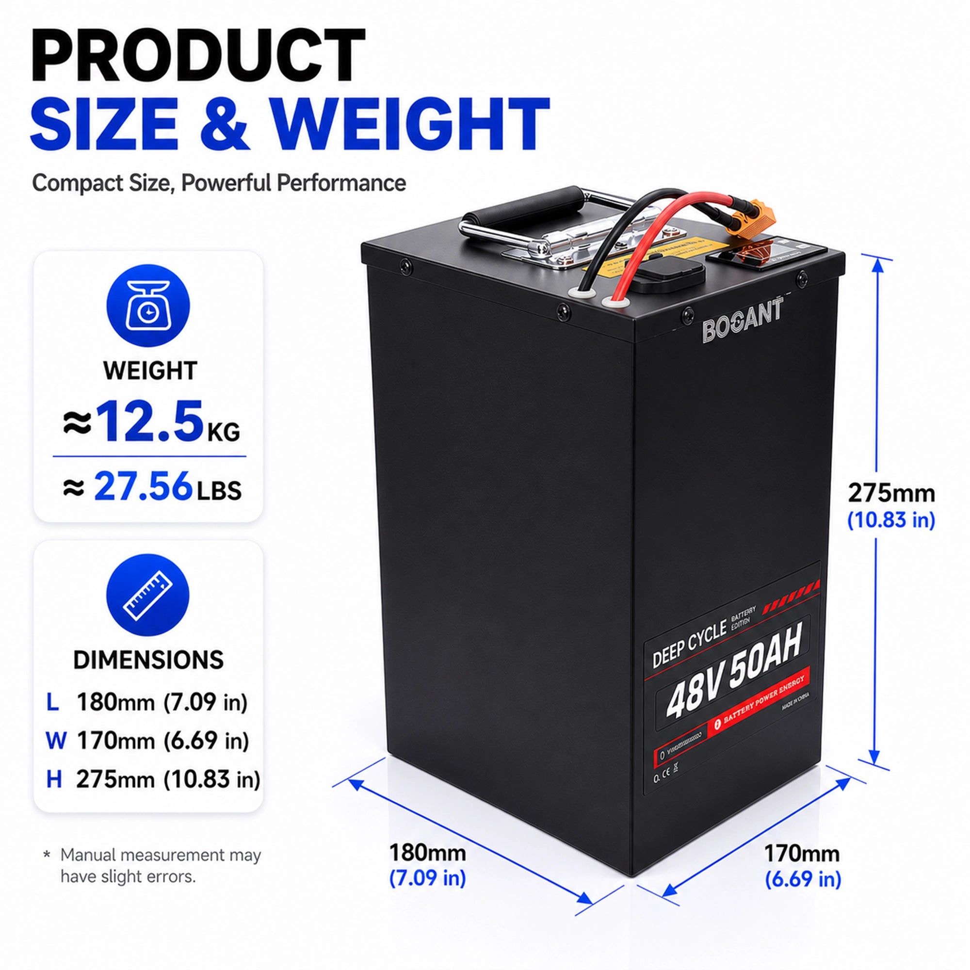 BOOANT 48V 50Ah lithium battery dimensions and weight, measuring 180 mm (7.09 in) × 170 mm (6.69 in) × 275 mm (10.83 in) and weighing approximately 12.5 kg (27.56 lbs)