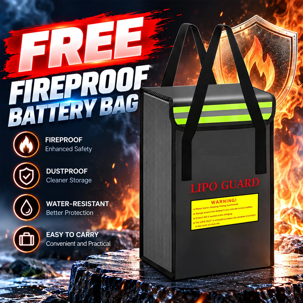 Free fireproof and water-resistant LiPo Guard battery bag for safe ebike battery storage and carrying, featuring durable handles and reflective stripes.
